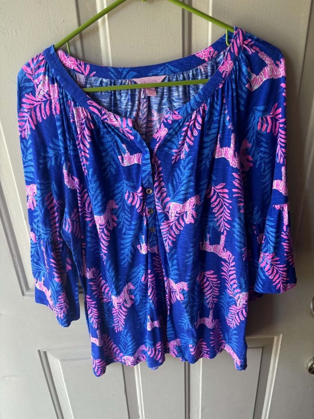 Lilly Pulitzer Blue Blouse with Pink Leaf Print